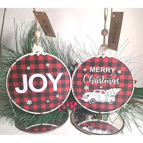 NEW Set Metal Buffalo Check 6.5" Merry Christmas & JOY Tree Ornaments Farmhouse - Picture 1 of 6